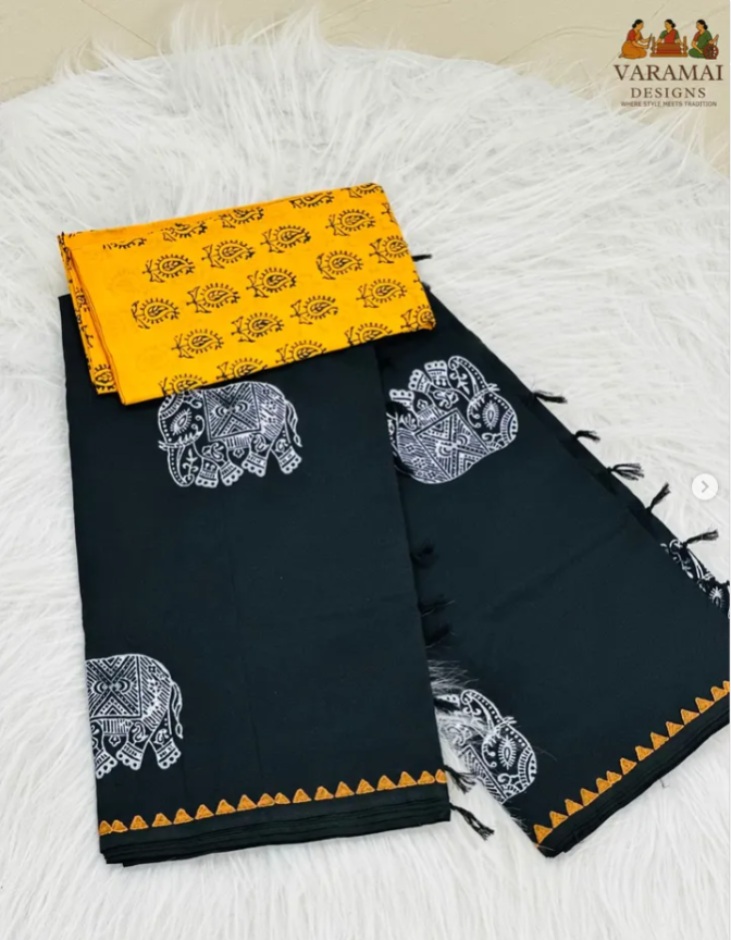This Elephant Motif Black Saree