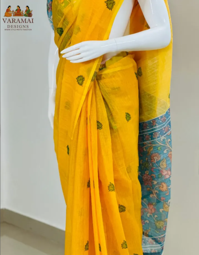 Saree with floral Paired with vibrant blouse